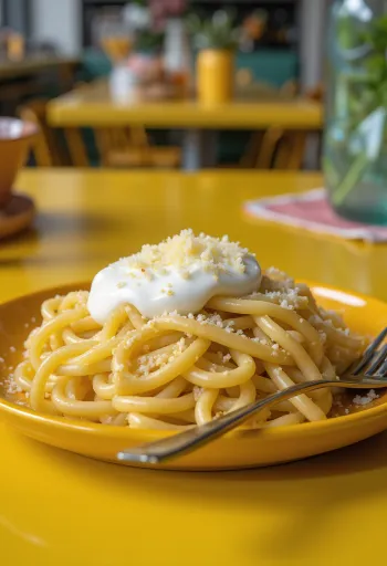 Pâtes au fromage et à la crème chaudes saupoudrées de fromage râpé, servies sur assiette blanche.