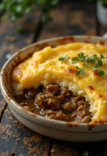Shepherd’s pie servi avec une couche de purée de pommes de terre croustillante
