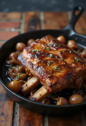 Travers de porc rôtis dorés à la croûte croustillante, servis avec herbes fraîches et pommes de terre rôties.