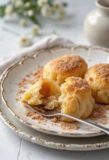 Knèdles aux prunes fraîchement préparées avec du sucre à la cannelle et de la chapelure
