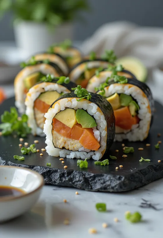 Sushi vegan au tofu, légumes et sauce soja
