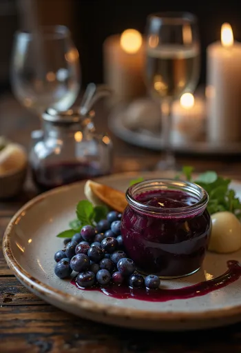 Sauce balsamique aux myrtilles et romarin en bocal et servie