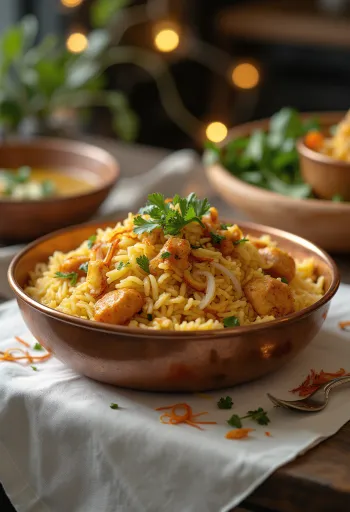 Biryani au poulet, décoré de coriandre fraîche et de menthe