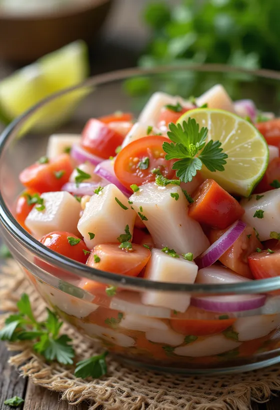 Ceviche classique au citron vert, combinaison fraîche de poisson, avocat et tomate