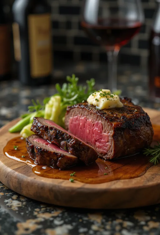 Steak Chateaubriand servi avec légumes vapeur et beurre