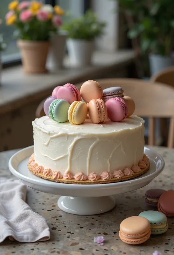 Gâteau décoré de macarons multicolores