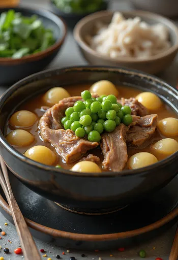 Nikujaga aux petits pois, servi dans un bouillon riche