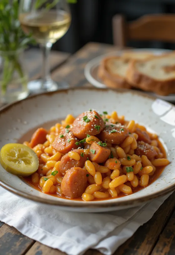 Pásztortarhonya avec saucisse fumée et pommes de terre, saupoudré de persil frais