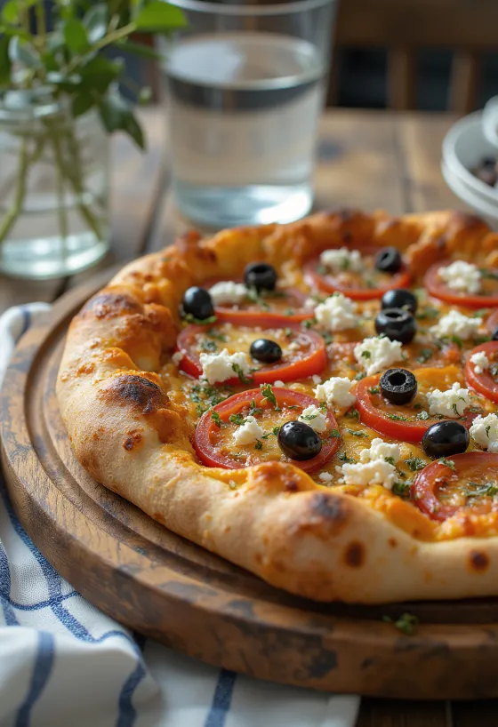 Pizza Greca au fromage feta, olives noires et tomate fraîche