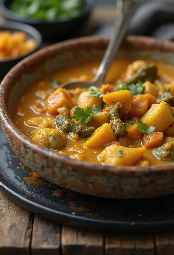 Curry vegan aux légumes juteux décoré de coriandre fraîche