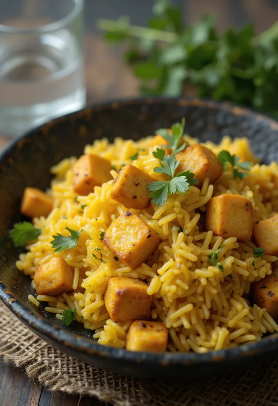 Biryani au tofu riche et épicé avec riz basmati, garni de coriandre fraîche et de menthe