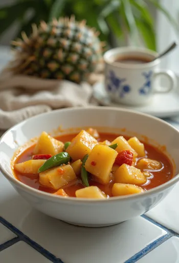 Sauce aigre-douce pour poulet dans un bol, avec morceaux d'ananas et poivron.