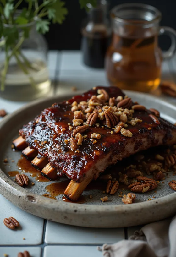Travers de porc fumés BBQ glaçage aux noix de pécan servis
