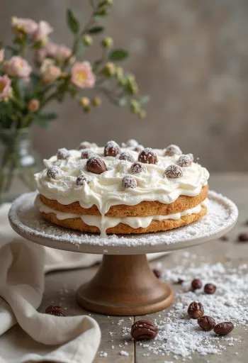 Gâteau aux marrons 'neige' avec couverture blanche crémeuse