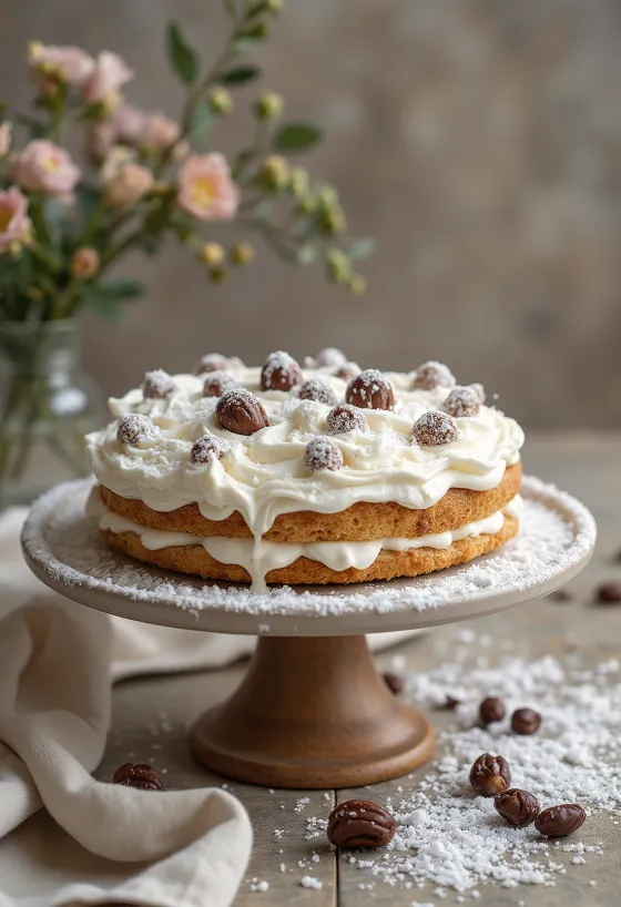 Gâteau aux marrons 'neige' avec couverture blanche crémeuse