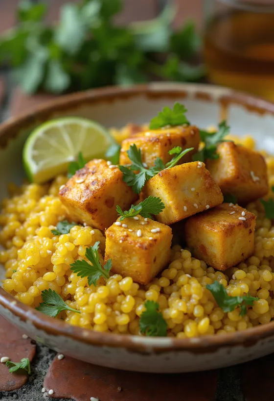 Tofu rôti au citron vert sur lit de quinoa au curry