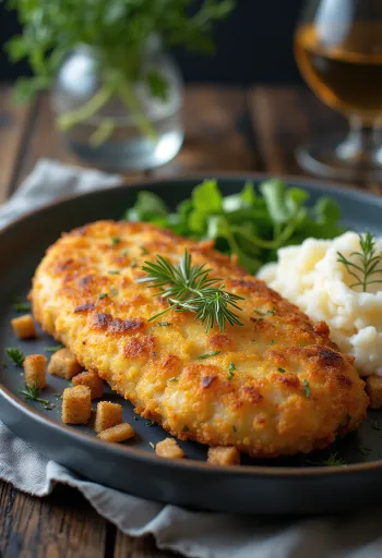 Pozharsky cutlet, galette de poulet russe au beurre et chapelure, servie avec purée