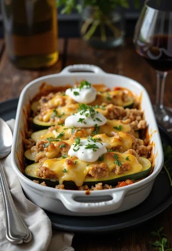Courgettes farcies fraîchement cuites avec de la viande hachée et du fromage, dorées au four.