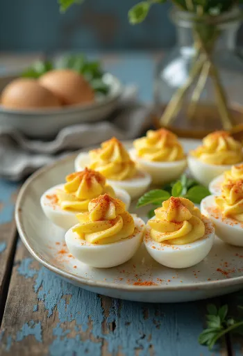 Œufs farcis décorés d'herbes fraîches et de paprika