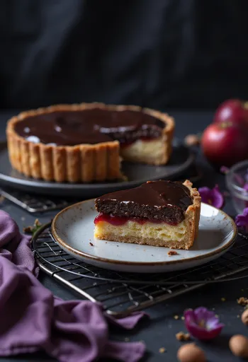 Tarte Bakewell au chocolat, garniture aux amandes et chocolat sur le dessus