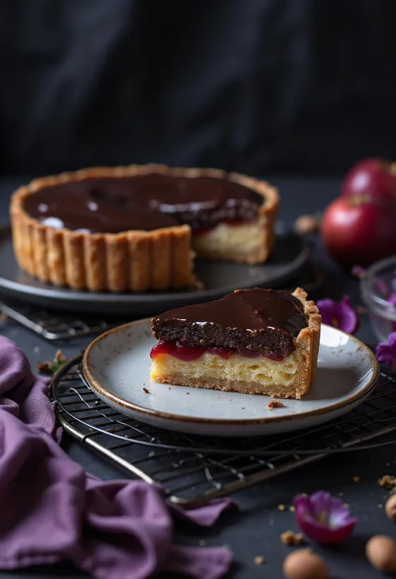 Tarte Bakewell au chocolat, garniture aux amandes et chocolat sur le dessus
