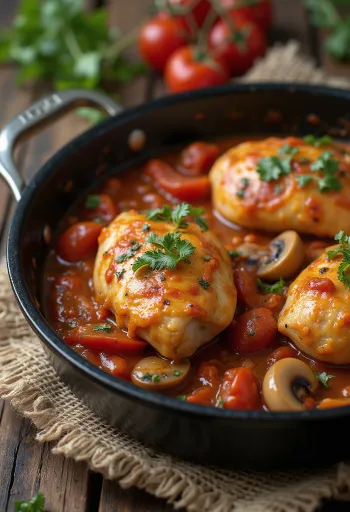 Chicken cacciatore servi dans une poêle avec des légumes