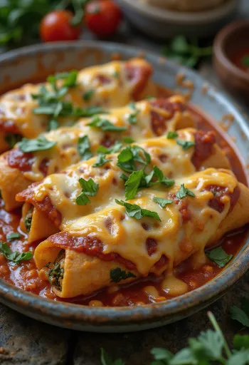 Plat gratiné d'enchiladas nappées de sauce et fromage