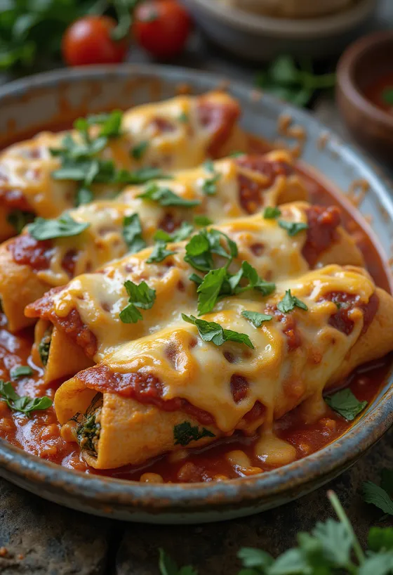 Plat gratiné d'enchiladas nappées de sauce et fromage