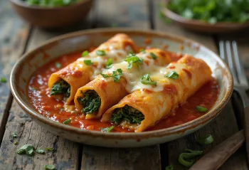Plat gratiné d'enchiladas nappées de sauce et fromage