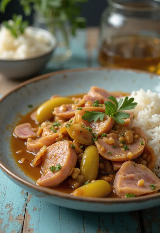 Hentes tokány avec porc juteux, saucisse fumée et cornichons.