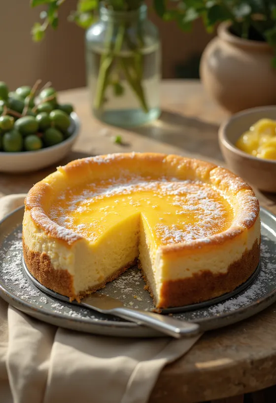 Gâteau au fromage blanc allemand avec garniture onctueuse et saupoudré de sucre glace