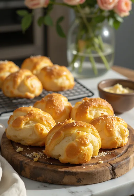 Gougères au fromage dorées au four, croustillantes à l'extérieur et moelleuses à l'intérieur, servies sur un plateau.
