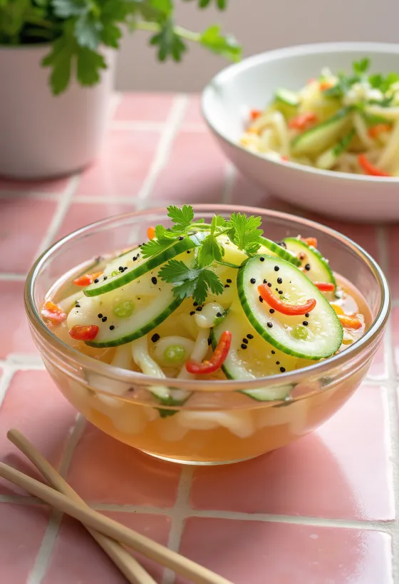 Sunomono version épicée, salade de concombre japonaise servie avec sésame et piment