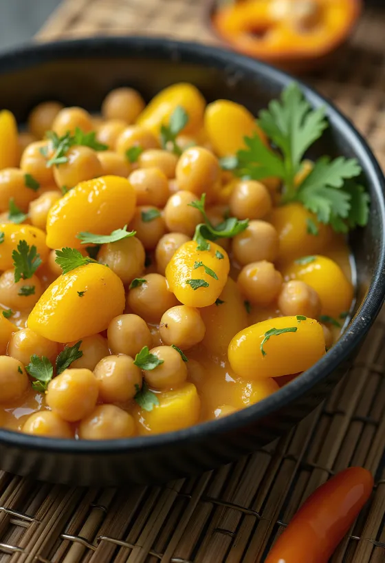 Ackee et pois chiches dans un bol, servis avec légumes et lait de coco