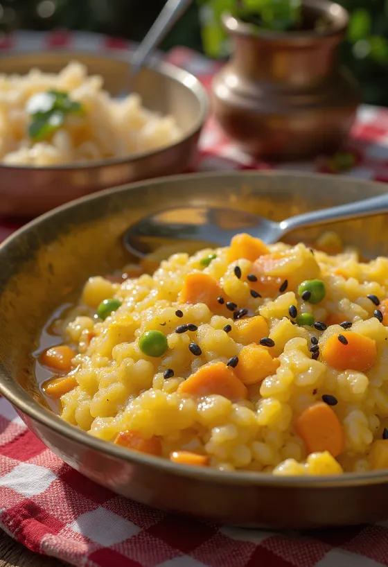 Pongal de blé concassé servi chaud avec des légumes et des épices