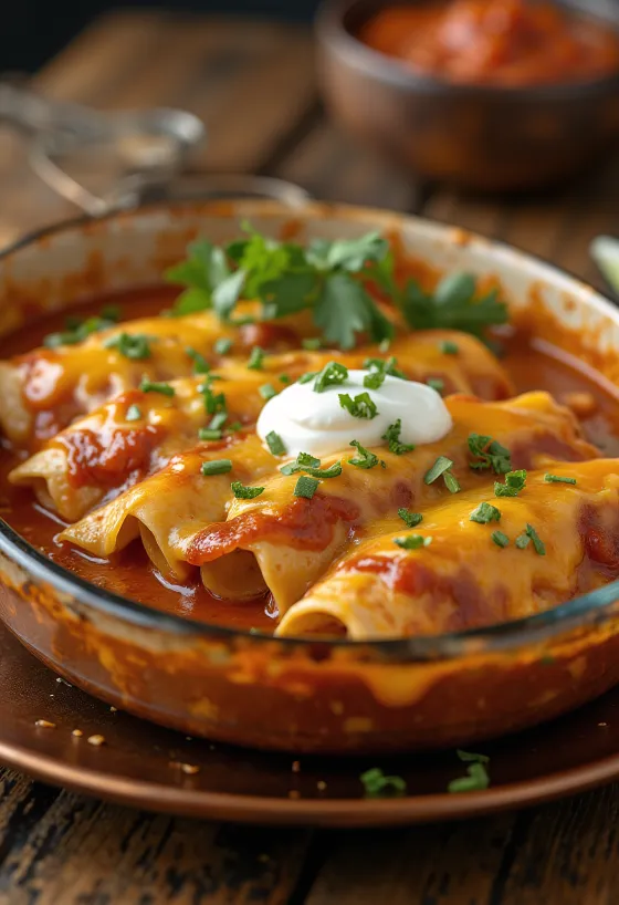Chicken enchiladas recouvertes de fromage fondu et garnies de crème et coriandre