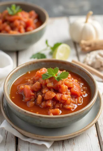 Sauce tomate aigre-douce au gingembre dans un bol, servie avec gingembre frais et légumes rôtis.