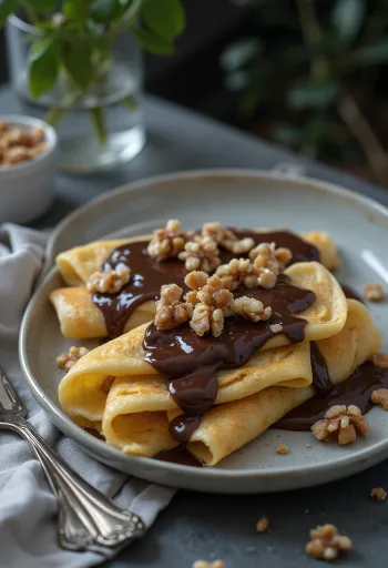 Crêpe Gundel fraîchement préparée, farce aux noix, sauce chocolat, sur assiette.