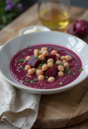 Soupe prébiotique aux pois chiches et betteraves servie avec des pois chiches entiers et du persil
