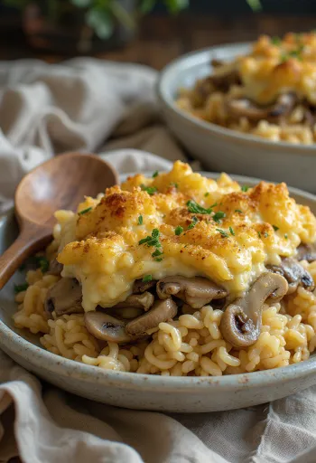 Gratin de champignons au riz vegan servi