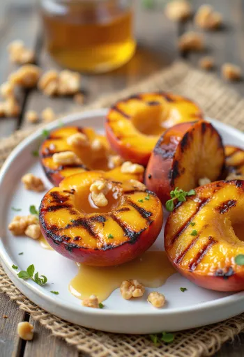 Pêches grillées au miel et BBQ servies