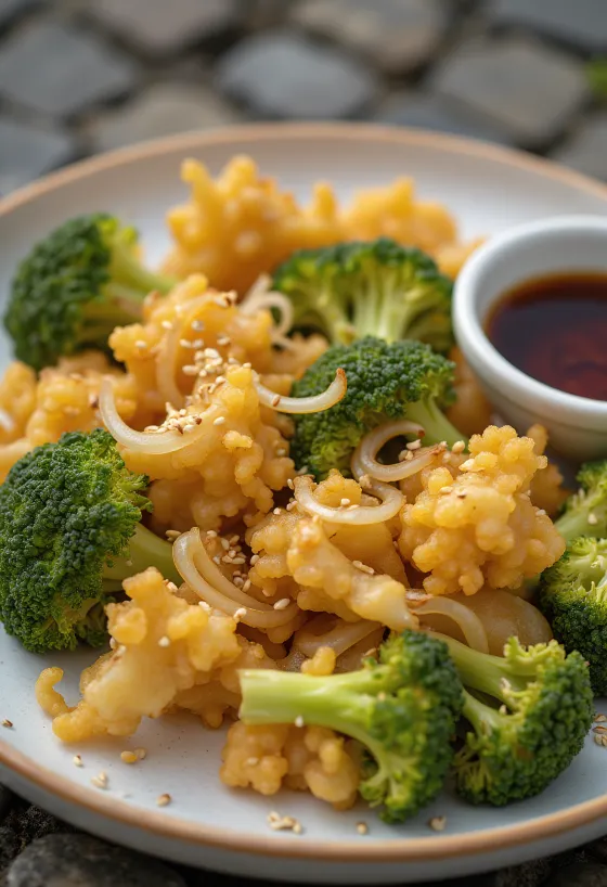 Kakiage de brocolis doré et croustillant sur une assiette