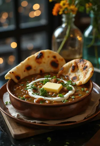 Dal Makhani au beurre et lentilles noires décoré de coriandre fraîche