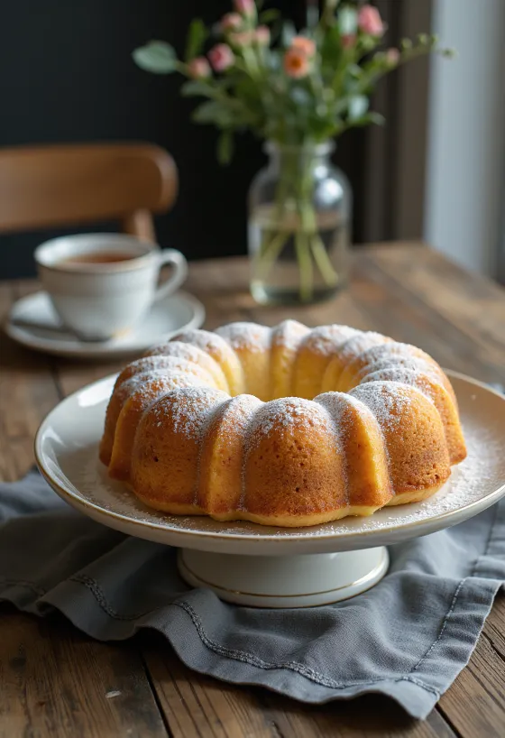 Kouglof au massepain saupoudré de sucre glace, coupé en tranches