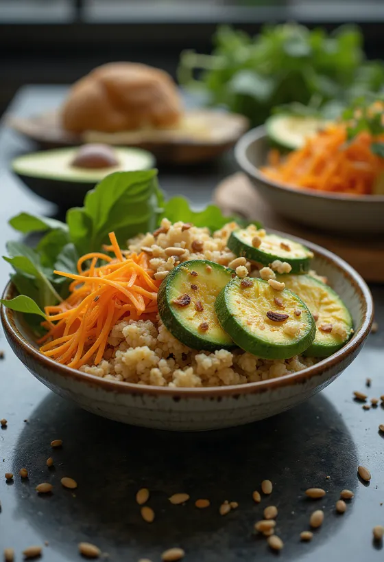 Buddha bowl à l'avocat et aux courgettes servi