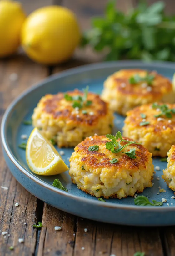 Fishcake au zeste de citron servi avec des tranches de citron frais et de la salade