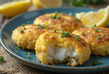 Fishcake au zeste de citron servi avec des tranches de citron frais et de la salade