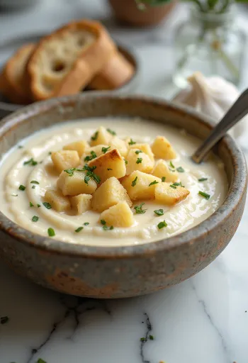 Velouté d'ail crémeux avec croûtons grillés et persil frais.