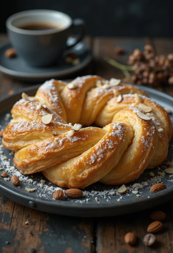 Kringle à la pâte d'amande en forme de couronne tressée, cuit doré