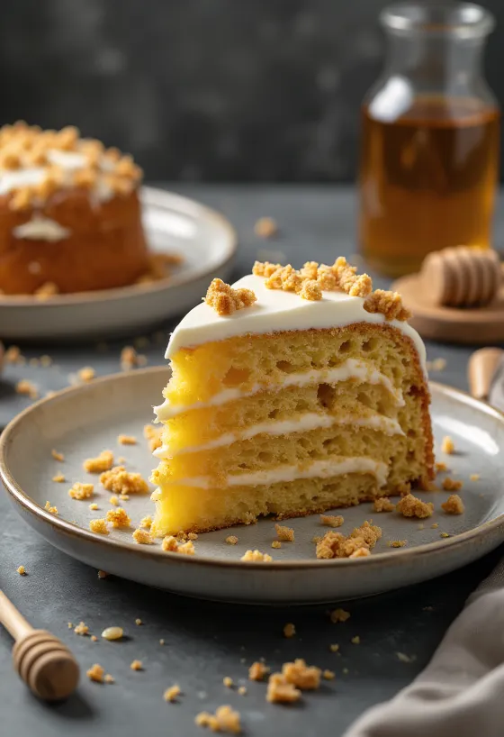 Gâteau russe au miel avec crème étagée et décoration en miettes de biscuit